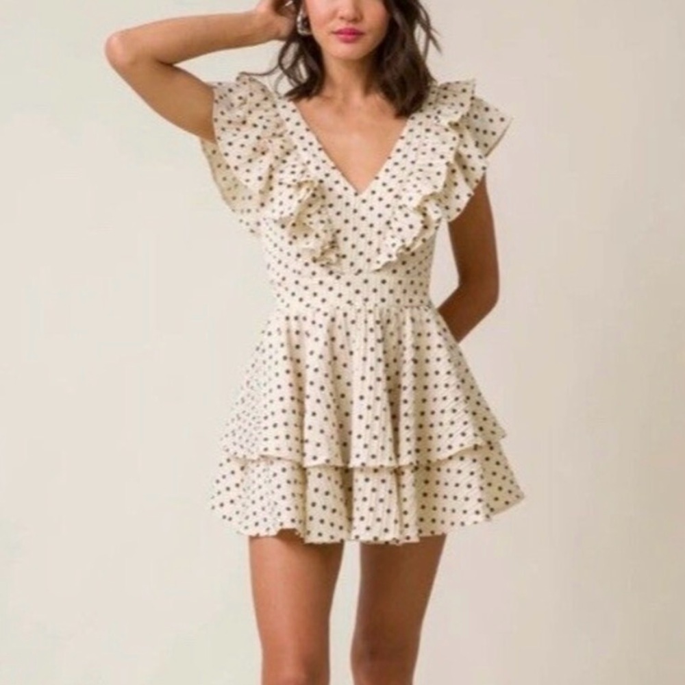 Polka Dot Ruffle V-Neck Mini Dress - White/Black Line and Dot Revolve